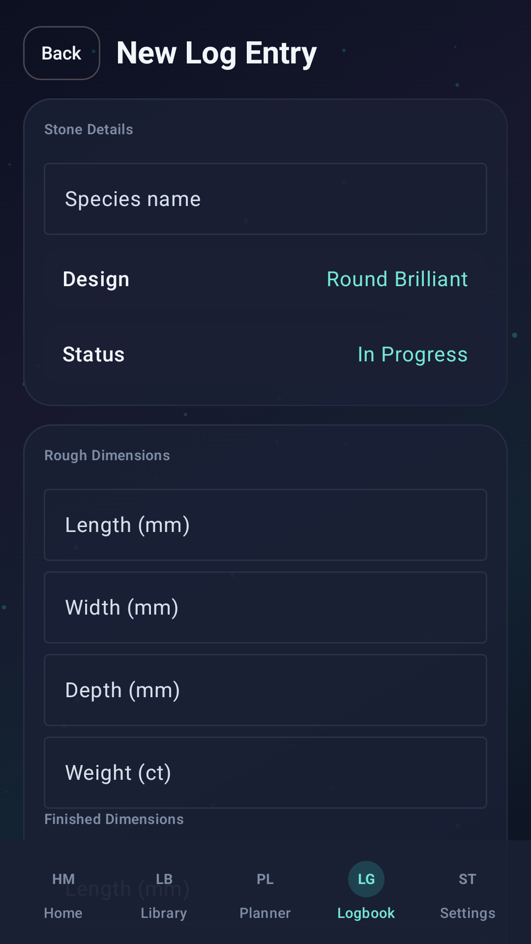New log entry screen